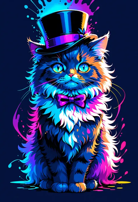 masterpiece, best quality, ultra high res, a cute cat, animal, beautiful, visually stunning, elegant, incredible details, award-winning painting, high contrast, vector art, line art, splatter, flat color, color merge gradient, (kitten:0.7), (dark blue them...