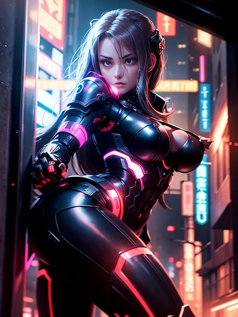 (masutepiece,Best Quality: 1.2),(Ultra-detailed face),(No headgear),Her armor is、Glows red as neon city lights dance across its mechanical surface. Complex cybernetics is、Empowers her movements with inhuman speed and strength. She calmly walks through the ...