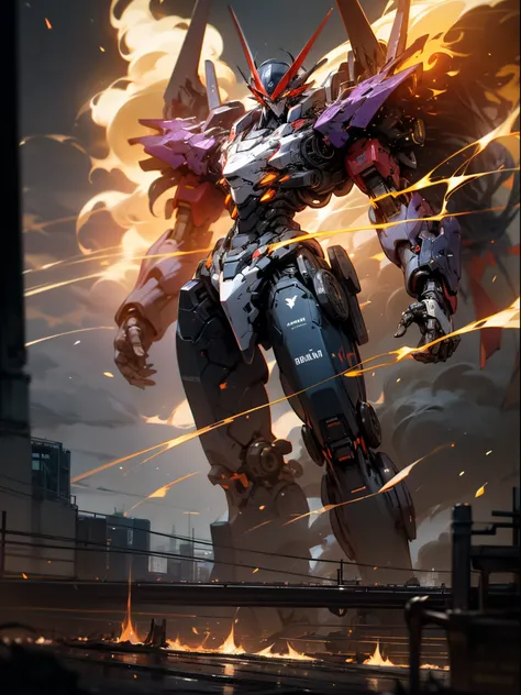 black mecha, EVA, red and violet leds, fine details, fierce, view from below, tokyo, modern city, flames and sparkles all over, dark atmosphere, war, sunset mist, ultra-wide angle shot, masterpiece, 8k, hyper-detailed.