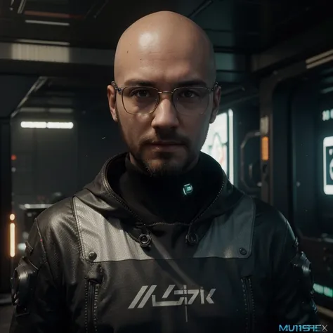 ((Best quality)), ((masterpiece)), (highly detailed:1.3), 3D, beautiful (cyberpunk:1.3), front view of manly bald young man face with beard and with elegant glasses working at computer screen, computer servers, LCD screens, fibre optic cables, corporate lo...