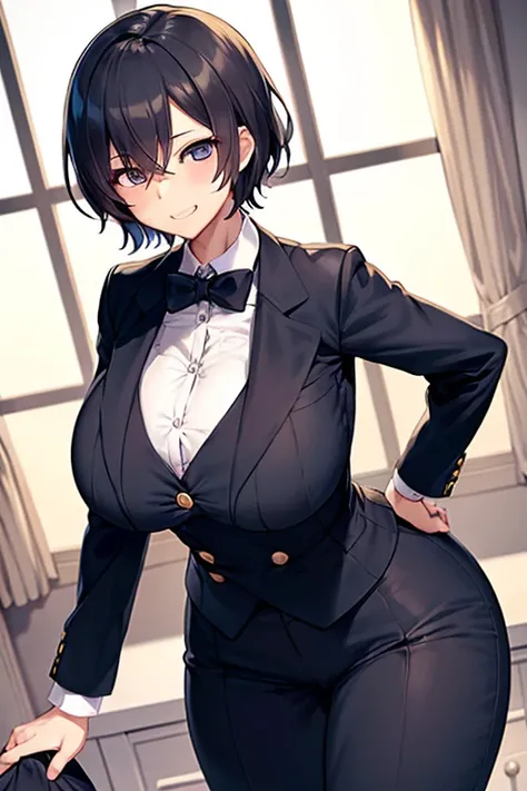 Female butler、by the window、a cool、huge udder、short-hair、tailcoat、thin-waist、twinks、rigor、confident grin、Huge ass