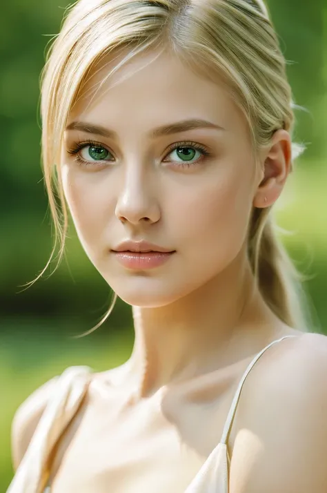 (highres,best quality:1.2),beautiful detailed eyes,beautiful detailed lips,extremely detailed eyes and face,blonde hair in a ponytail,breathtaking beauty,bare-breasted,nothing is worn,direct eye contact,solemn and ethereal atmosphere,slender yet well-endow...