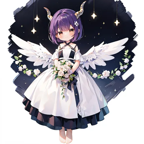 （(with a large bouquet：1.3)），1girl in, Solo, Barefoot, Hair Ornament, Smile, Dress, Horns, White background, Simple background, Brown eyes, hair clips, White Dress, Short hair, blush,, From the side、 Purple hair, Looking at Viewer, Arms up, Standing, Close...