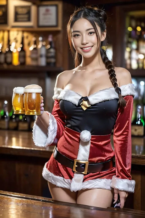 (((A female clerk serving customers at a pub while holding multiple beer mugs in both hands..:1.3))),(((Santa Claus Cosplay:1.3))),a miniskirt,(The white part of the costume looks like fluffy snow,The red part is made of luxurious velvet material.).off sho...