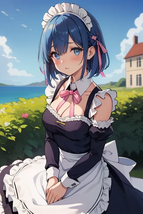 1girl, solo, breasts, looking at viewer, blush, short hair, blue eyes, hair ornament, dress, ribbon, medium breasts, blue hair, hair ribbon, outdoors, detached sleeves, sky, day, hair over one eye, apron, blue sky, maid, maid headdress, x hair ornament, pi...