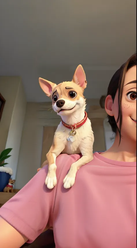 araffe sitting on a womans shoulder with a small dog on her shoulder, chihuahua, 2 2 years old, 1 6 years old, 21 years old, 18 years old, god had dog chihuahuas head, small dog, selfie of a dog, ayahausca, very very low quality picture, 2 3 years old, 2 7...