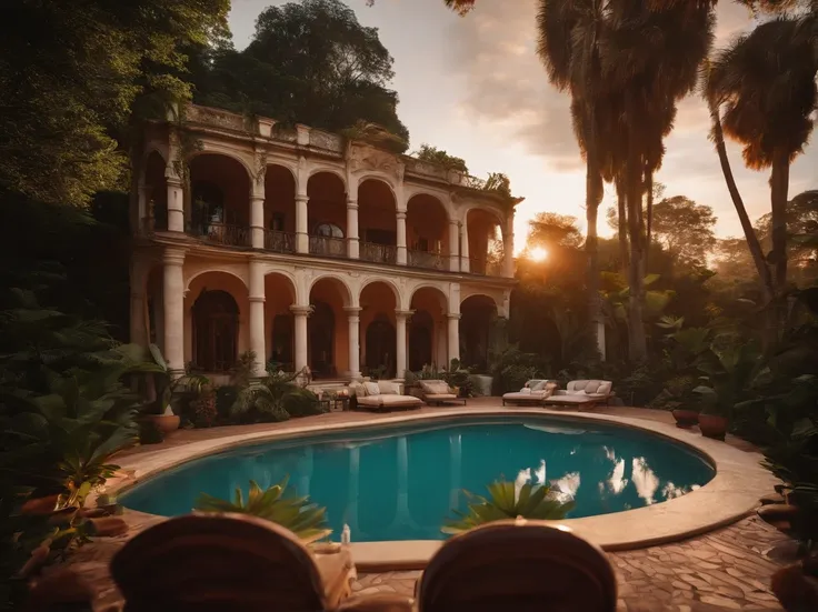 Argentinian/Italian Mansion in a Tropical forest with a pool and italian furniture, sunset, 50s camera, 8mm camera, realistic