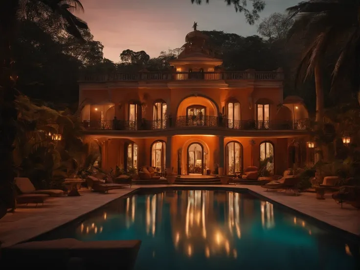 Argentinian/Italian Mansion in a Tropical forest with a pool and italian furniture, sunset, 50s camera, 8mm camera, realistic