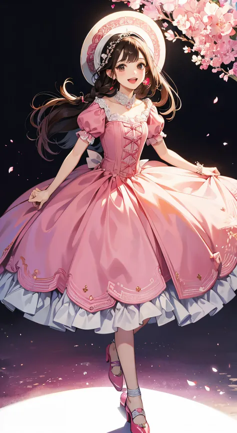 （（Full body portrait））（（illustratio：1.3））、Hand-drawn illustration,Beautiful 14 year old bride in cute pink wedding dress outfit、Open mouth and smile happily、Dark hair、red lipsticks、Black eyes、Hair in braids、Wearing a corolla、The background is super simple、...