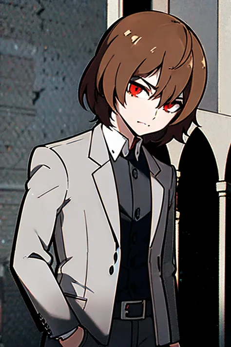 Anime, young boy, brown hair, bob haircut, red eyes, white japanese student outfits, red student blazer, in a cathedral, blue vitral in background, grey filter, grey walls, 4k, masterpiece