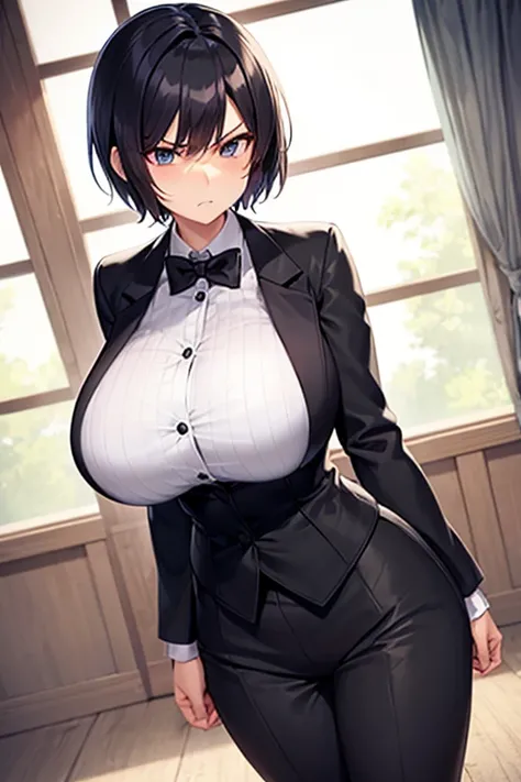 Female butler、by the window、a cool、huge udder、short-hair、tailcoat、thin-waist、twinks、rigor、Angry look、which are full of confidence