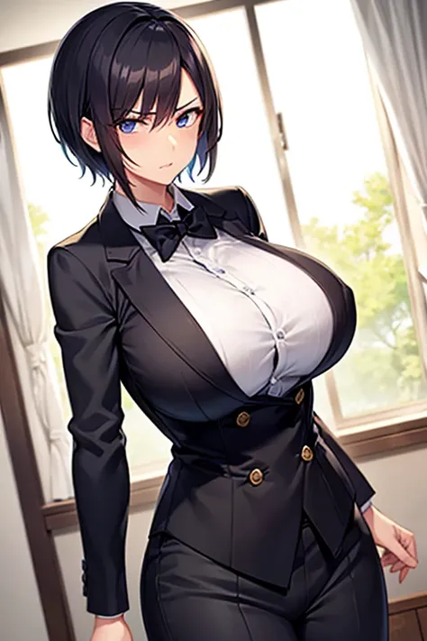 Female butler、by the window、a cool、huge udder、short-hair、tailcoat、thin-waist、twinks、rigor、Angry look、which are full of confidence