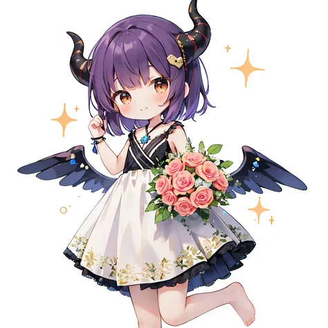 （(with a large bouquet：1.3)），1girl in, Solo, Barefoot, Hair Ornament, Smile, Dress, Horns, White background, Simple background, Brown eyes, hair clips, White Dress, Short hair, blush,, From the side、 Purple hair, Looking at Viewer, Arms up, Standing, Close...