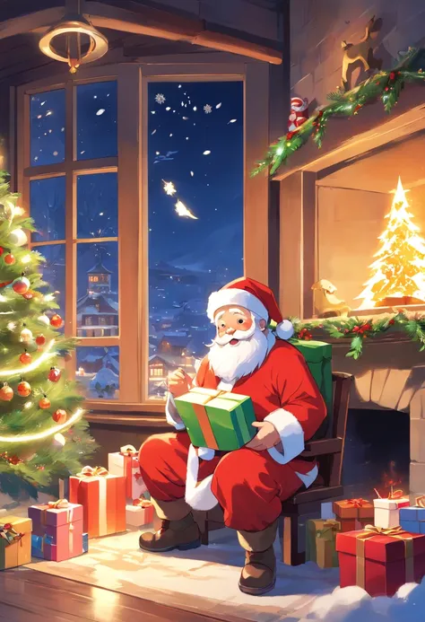 A kind old man，Wearing red coat and hat，White beard and smiling facial expression，Santa Claus holding a big bag or gift box，Filled with various exquisite gifts，Such as toys、Confectionery、Books etc.，There can be a gorgeous Christmas tree in the picture，It&#...