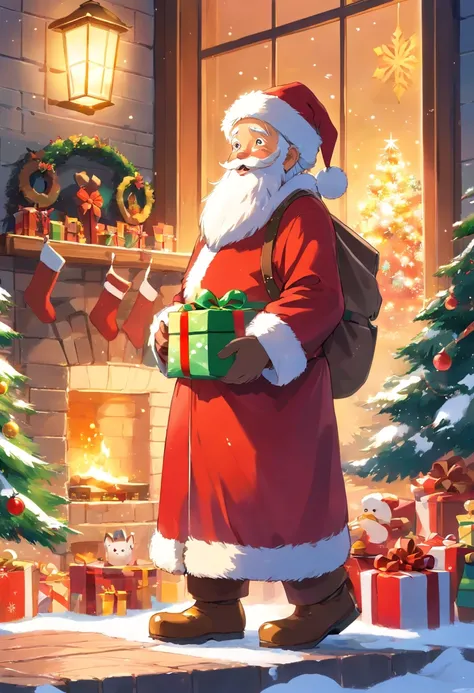 A kind old man，Wearing red coat and hat，White beard and smiling facial expression，Santa Claus holding a big bag or gift box，Filled with various exquisite gifts，Such as toys、Confectionery、Books etc.，There can be a gorgeous Christmas tree in the picture，It&#...