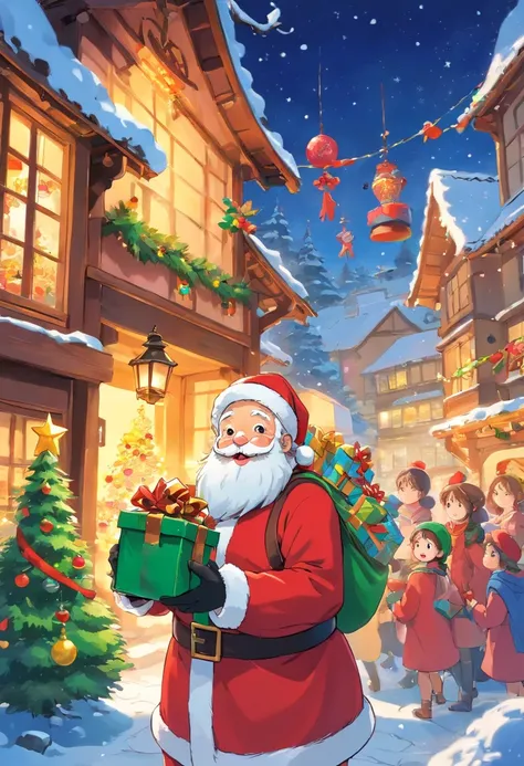 A kind old man，Wearing red coat and hat，White beard and smiling facial expression，Santa Claus holding a big bag or gift box，Filled with various exquisite gifts，Such as toys、Confectionery、Books etc.，There can be a gorgeous Christmas tree in the picture，It&#...