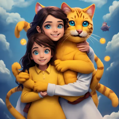 Poster inspirado na Pixar, de uma menina latina, branca, de longos cabelos castanho, e olhos escuros, usando um longo vestido branco, hugging a yellow cat