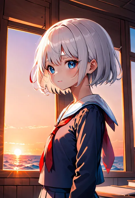 (masterpiece, best quality), 1girl, solo, white hair, short hair, straight hair, blunt bangs, grey eyes, flat chest, narrow waist, petite, pale skin, classroom, sunset, sunbeam, school uniform, white serafuku, red neckerchief, blue sailor collar, looking a...