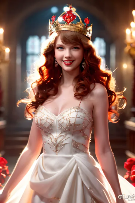 best shots，high-definition picture,taylor swift,beautiful red haired woman (wearing a crown), (houdini, vfx, with a beautifull s...