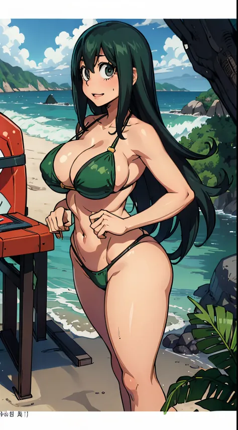 (best quality:1.3), Tsuyu Asui by boku no hero , (looking at the view), busty, cleavage, seductive, sexy, curvy body, big boobs, ((thong bikini)), ((beach)) ,