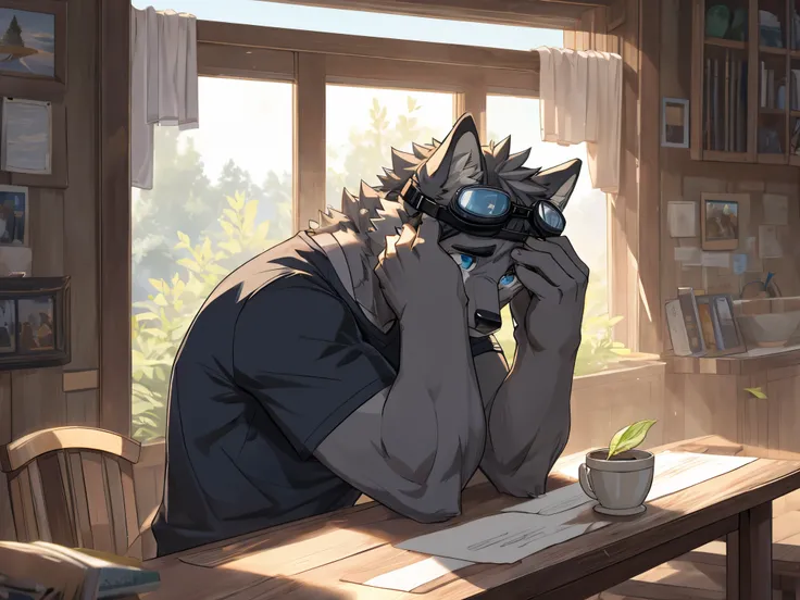 Masterpiece, Solo, Furry Gray Wolf, Gray Fur, Blue Eyes, Gray Medium Hair, Medium Muscular Body, Crying, Leaning to table, Arm Covering Face, Casual Shirt, Goggles, Sad Vibes.