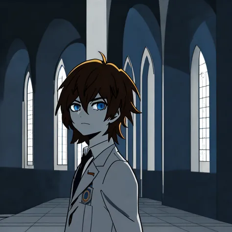 Anime, young boy, brown hair, medium haircut, blue eyes, white student highschool clothes, in a cathedral, blue vitral in background, grey filter, grey walls, 4k, masterpiece