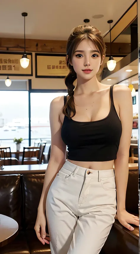 1 Pretty girl，white skinned，Brown hair，shorter pants，View artwork，pony tails，cafe shop，Brown eyes，actual，curvaceous pose，Bigchest，Colossal tits，ssmile，low chest, full bodyesbian