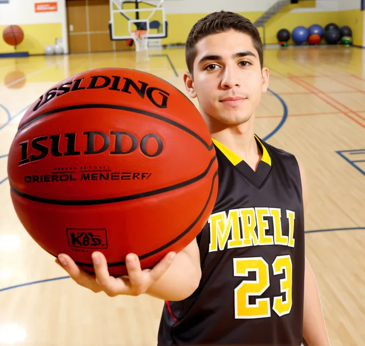 menino bonito, olhar sex, holding a basketball in a gym with a basketball in his hand, 8k