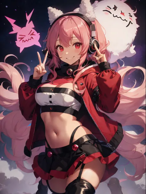 fluffy hair,Wearing headphones,Navel style long sleeve tops,hoods,asymmetric skirt,garter belt and long boots,pin heels,Slight red tide,Peace sign with a smile,Smile on his face,AHE Face,ecstacy,A face full of pleasure,
