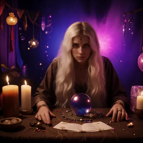 mulher arafa sentada em uma mesa com uma bola de cristal e velas, spell casting wizard, spell casting, casting a protection spell, Female mage conjuring a spell, bruxa pagando por seus pecados, adivinho, black magic spells, casting a powerful spell, Magic ...