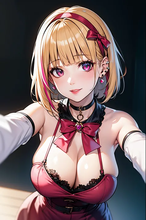 masterpiece, best quality, highres, hs1, light pink eyes, bare shoulders, long sleeves, cleavage, (blonde hair), short hair, scene hair, blunt bangs, pink streaks in hair, (streaky hair), bowtie, red ribbon, huge breasts, cowboy shot, from above, headband,...