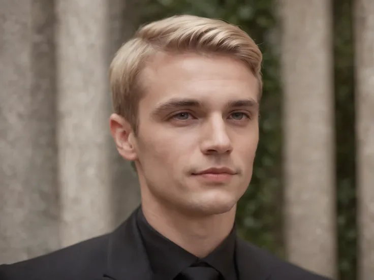 Italian blond middle aged young man, shaved in a black suit, portait, zoomed in, realistic, early 2000s