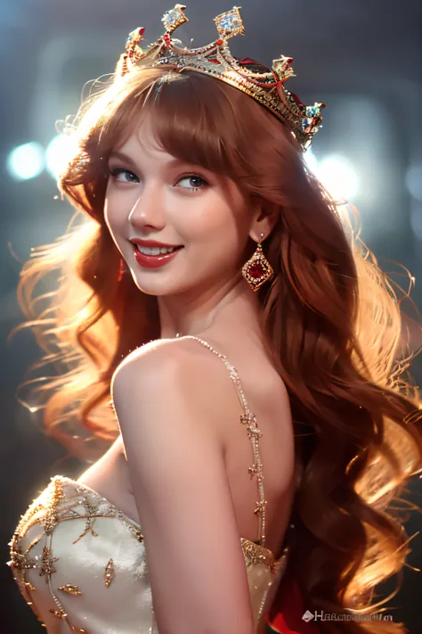 best shots，high-definition picture,taylor swift,beautiful red haired woman (wearing a crown), (houdini, vfx, with a beautifull s...