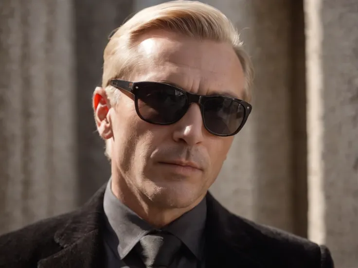 Italian blond middle aged man, shaved in a old black corduroy suit with sunglasses, portait, zoomed in, realistic, early 2000s, sunrays