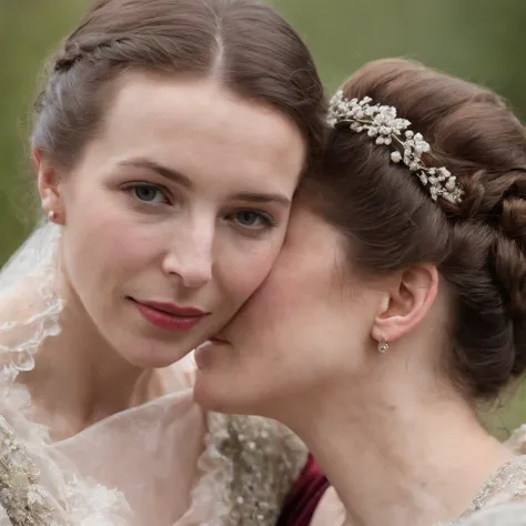 sexy princess anne of the UK age 20, lesbian, embracing her lesbian 20 year old lover who is a lover and a commoner and passionately kissing on the mouth and hands on each others breasts, full body