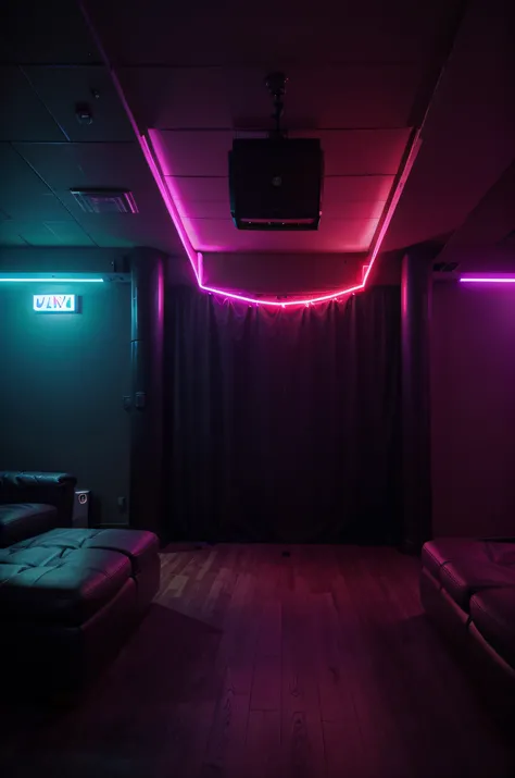 Living room, house party, ultra-realistic, party atmosphere, -humorous, nightclub atmosphere, dark lighting, dim lights, warm purple neon color background