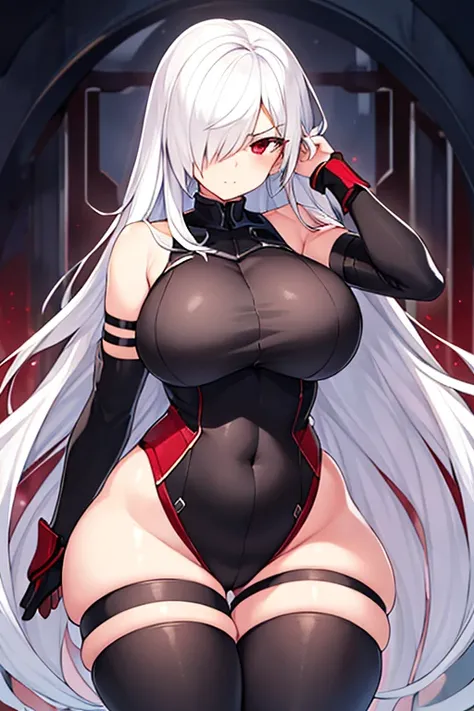 1girl, white hair, leotard, guturistic, bodysuit, thick thoghs, wide hips, large brests, masterpiece, long hair, red eyes, one-eye covered, serious, hair over one eye, hair over one-eye, shoulder armor, science-fiction, thigh strap,