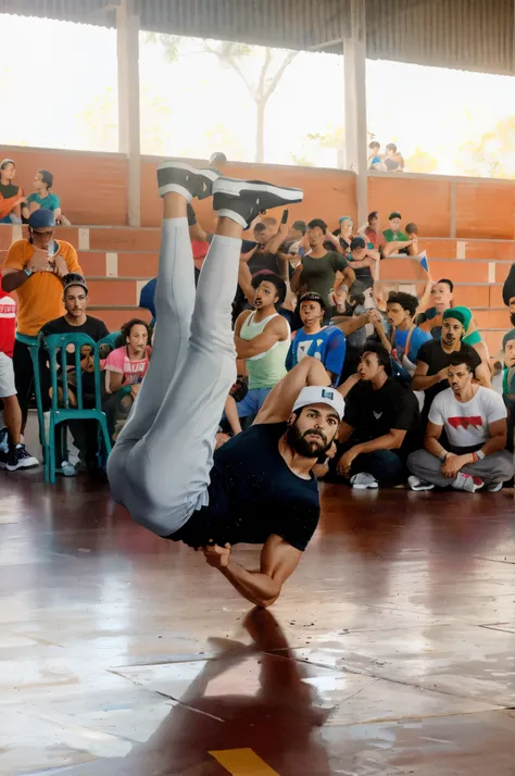 Araffe break in a gym with a crowd watching, breakdance, Breakdance masculino e feminino, ator, capoeira, um hiper realista, in an action pose, 2 0 1 8, 2018, mexico, Executar, Very dynamic, 2 0 1 7, 2017, Cuba, Directed by: Giorgio Cavallon, um ultra real...