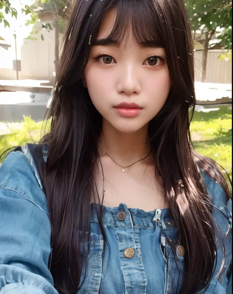 Close up portrait of long-haired woman in denim dress, Young adorable Korean face, young cute wan asian face, ulzzangs, Korean Girl, wan adorable korean face, Beautiful young Korean woman, beautiful Korean women, Gorgeous young Korean woman, jaeyeon nam, B...