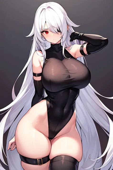 1girl, white hair, leotard, guturistic, bodysuit, thick thoghs, wide hips, large breasts, breasts, long hair, red eyes, one-eye covered, serious, hair over one eye, hair over one-eye, science-fiction, thigh strap, sleeveless, black leotard, black clothes, ...