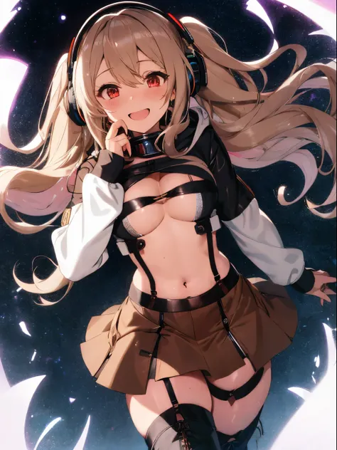 fluffy hair,light brown and iridescent hair,Wearing headphones,Navel style long sleeve tops,hoods,asymmetric skirt,garter belt and long boots,pin heels,Slight red tide,Leaning forward and bringing your face closer,Kamimei,I&#39;m holding my chest with my h...