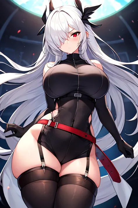 1girl, white hair, leotard, futuristic, bodysuit, thick thighs, wide hips, large breasts, breasts, long hair, red eyes, one-eye covered, serious, hair over one eye, hair over one-eye, science-fiction, thigh strap, sleeveless, black leotard, black clothes, ...