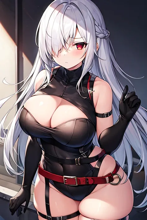 1girl, white hair, leotard, futuristic, bodysuit, thick thighs, wide hips, large breasts, breasts, long hair, red eyes, one-eye covered, serious, hair over one eye, hair over one-eye, science-fiction, thigh strap, sleeveless, black leotard, black clothes, ...