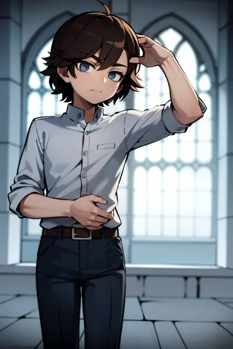 Anime, young boy, brown hair, medium haircut, blue eyes, white japanese student highschool clothes, looking at viewer, in a cathedral, blue vitral in background, grey filter, grey walls, 4k, masterpiece