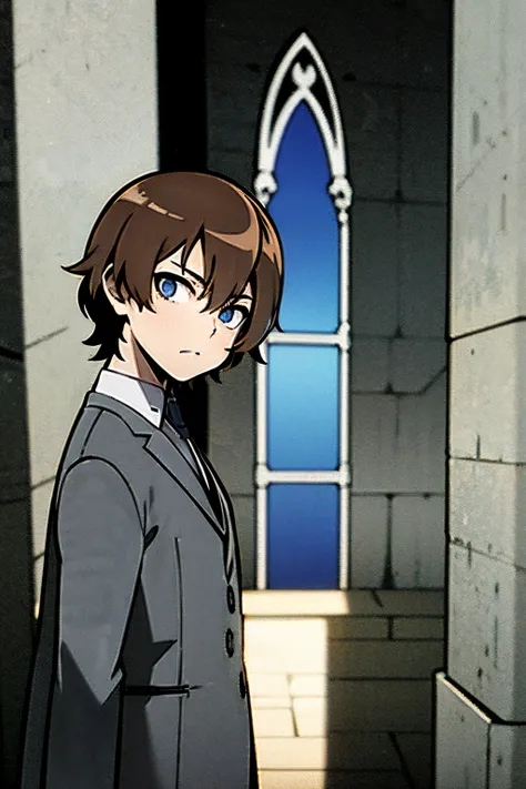 Anime, young boy, brown hair, medium haircut, blue eyes, white japanese student highschool clothes, looking at viewer, in a cathedral, blue vitral in background, grey filter, grey walls, 4k, masterpiece