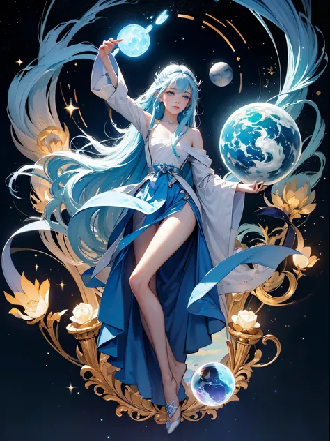 blue and platinum shades、top-quality、masterpiece、offcial art、perfect angle、low angles、Perfectcomposition、FULL-BODY ESBIAN、Stellar Lumens、Ancient、cosmic space、placenta、foundation of creation、Stardust、Alpha and Omega、Mysteries of the universe、A tranquil、sere...