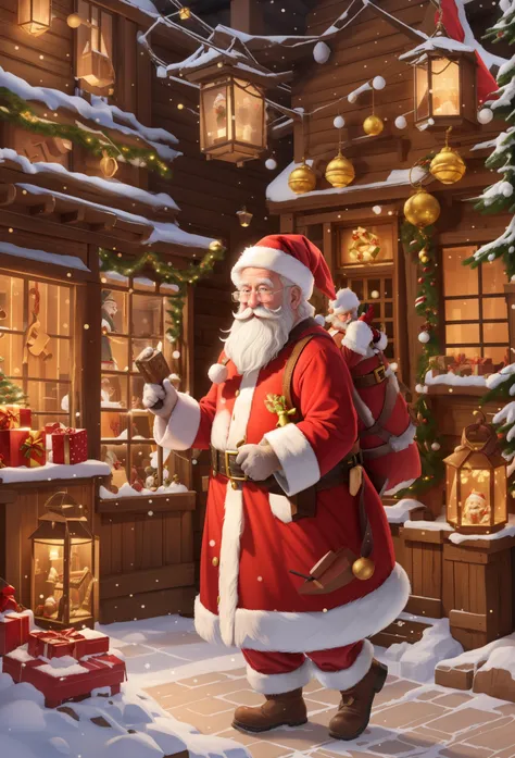 Santa Claus standing in front of a store，Lots of gifts in hand, santa, Santa&#39;s workshop, author：Master Kanwen, santa, santa, author：Alexander Jean, By senior artists, Popular topics on artstation pixiv, by kamaguka, Santa Claus inside a rustic barn, au...