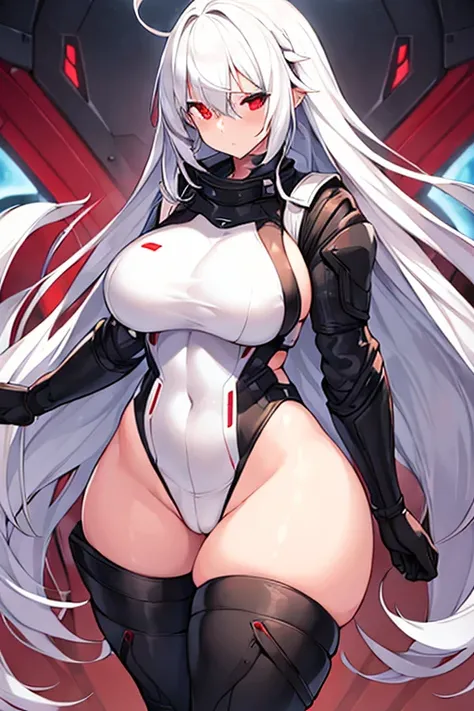 1girl, white hair, leotard, futuristic, bodysuit, thick thighs, wide hips, large breasts, breasts, long hair, red eyes, one-eye covered, serious, hair over one eye, hair over one-eye, science-fiction, thigh strap, sleeveless, black leotard, black clothes, ...