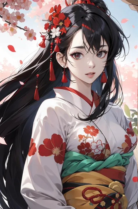 (absurdos, High resolution, ultra detallados), big breasts, himecut, red kimono, very black hair