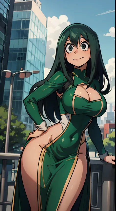 (best quality:1.3), Tsuyu Asui by boku no hero , (looking at the view), busty, cleavage, seductive, sexy, curvy body, big boobs, ((dress clivagem)), ((city)) ,